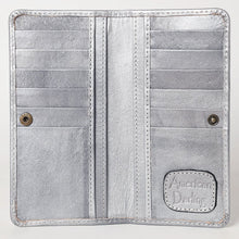 Load image into Gallery viewer, Western Hand Tooled Leather Wallet, Silver Leather Wallet, Genuine Leather Clutch, Western Purse, Luxury Wallet, Hand Painted Leather Wallet
