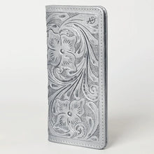 Load image into Gallery viewer, Western Hand Tooled Leather Wallet, Silver Leather Wallet, Genuine Leather Clutch, Western Purse, Luxury Wallet, Hand Painted Leather Wallet
