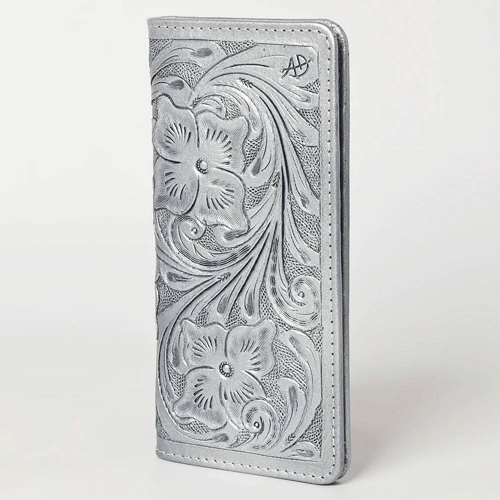 Western Hand Tooled Leather Wallet, Silver Leather Wallet, Genuine Leather Clutch, Western Purse, Luxury Wallet, Hand Painted Leather Wallet