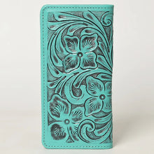 Load image into Gallery viewer, Western Hand Tooled Leather Wallet, Green Leather Wallet, Genuine Leather Clutch, Western Purse, Luxury Wallet, Hand Painted Leather Wallet
