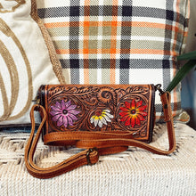 Load image into Gallery viewer, Western Leather Wallet Purse, Hand Tooled Leather Wallet, Crossbody Purse, Womens Leather Wallet, Genuine Leather Wallet
