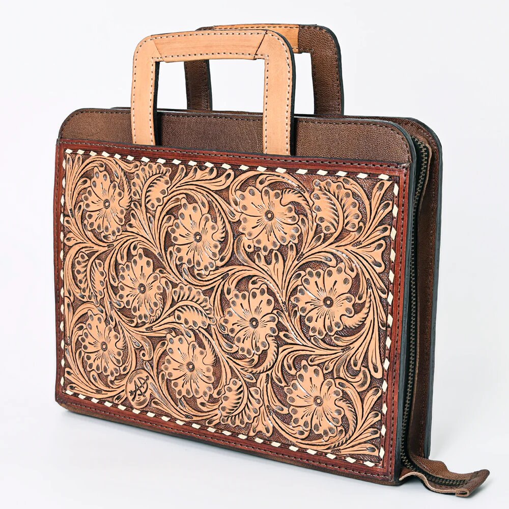 Hand Tooled Leather Briefcase, Western Tote Bag, Hand Tooled Leather Work Bag, Hand Tooled Leather Portfolio, Leather Briefcase Organizer