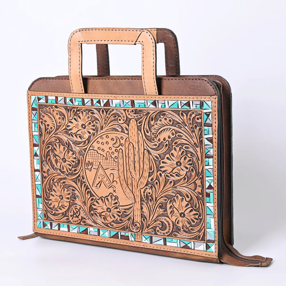 Hand Tooled Leather Briefcase, Western Tote Bag, Hand Tooled Leather Work Bag, Hand Tooled Leather Portfolio, Leather Briefcase Organizer