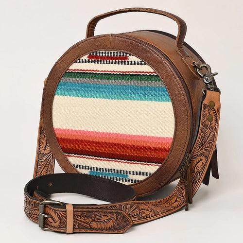 Western Hand Tooled Leather Canteen Purse, Cowhide Leather Round Purse, Saddle Blanket Canteen, Genuine Western Leather Crossbody Purse