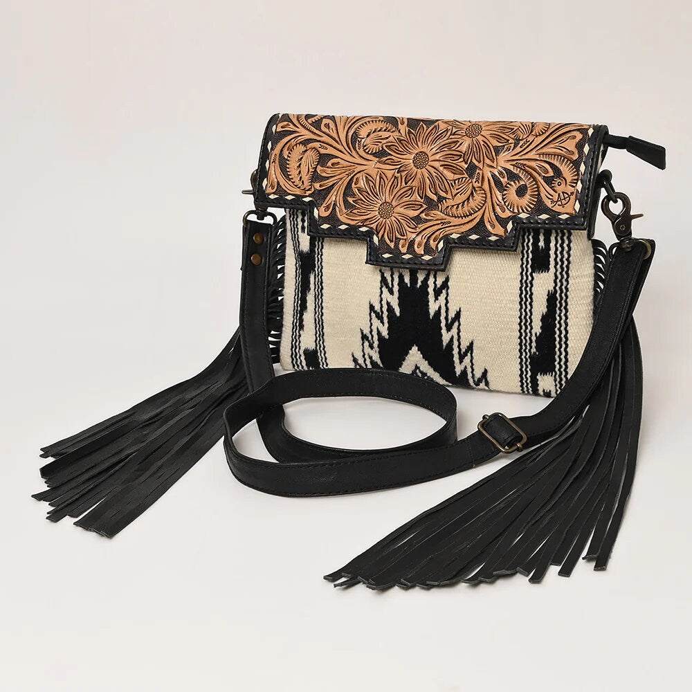 Western Hand Tooled Leather Purse, Genuine Cowhide Leather Crossbody Purse, Saddle Blanket Bag, Genuine Leather Fringe Purse