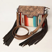 Load image into Gallery viewer, Western Hand Tooled Leather Purse, Genuine Cowhide Leather Crossbody Purse, Saddle Blanket Bag, Genuine Leather Fringe Purse
