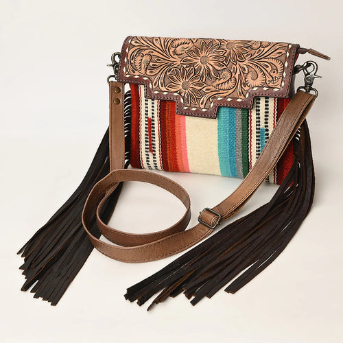 Western Hand Tooled Leather Purse, Genuine Cowhide Leather Crossbody Purse, Saddle Blanket Bag, Genuine Leather Fringe Purse