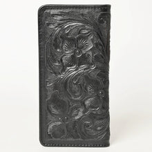 Load image into Gallery viewer, Western Hand Tooled Leather Wallet, Black Leather Wallet, Genuine Leather Clutch, Western Purse, Luxury Wallet, Hand Painted Leather Wallet
