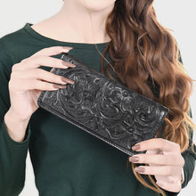 Load image into Gallery viewer, Western Hand Tooled Leather Wallet, Black Leather Wallet, Genuine Leather Clutch, Western Purse, Luxury Wallet, Hand Painted Leather Wallet
