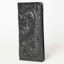 Load image into Gallery viewer, Western Hand Tooled Leather Wallet, Black Leather Wallet, Genuine Leather Clutch, Western Purse, Luxury Wallet, Hand Painted Leather Wallet

