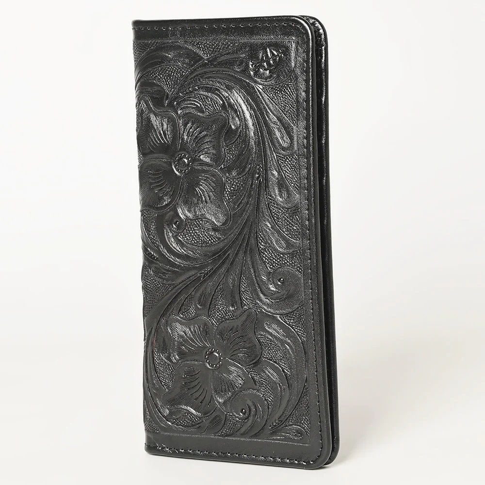 Western Hand Tooled Leather Wallet, Black Leather Wallet, Genuine Leather Clutch, Western Purse, Luxury Wallet, Hand Painted Leather Wallet