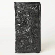 Load image into Gallery viewer, Western Hand Tooled Leather Wallet, Black Leather Wallet, Genuine Leather Clutch, Western Purse, Luxury Wallet, Hand Painted Leather Wallet
