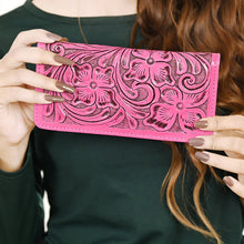Load image into Gallery viewer, Western Hand Tooled Leather Wallet, Pink Leather Wallet, Genuine Leather Clutch, Western Purse, Luxury Wallet, Hand Painted Leather Wallet
