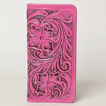 Load image into Gallery viewer, Western Hand Tooled Leather Wallet, Pink Leather Wallet, Genuine Leather Clutch, Western Purse, Luxury Wallet, Hand Painted Leather Wallet
