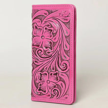Load image into Gallery viewer, Western Hand Tooled Leather Wallet, Pink Leather Wallet, Genuine Leather Clutch, Western Purse, Luxury Wallet, Hand Painted Leather Wallet

