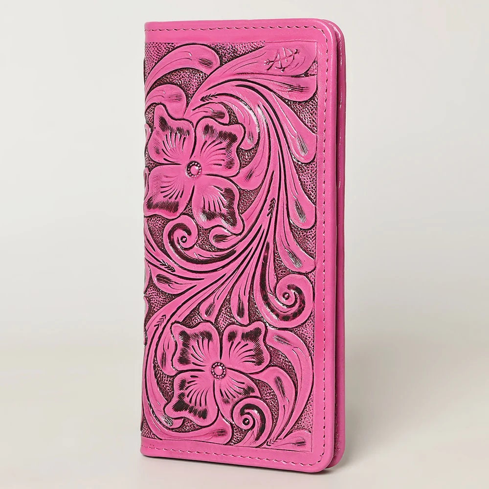 Western Hand Tooled Leather Wallet, Pink Leather Wallet, Genuine Leather Clutch, Western Purse, Luxury Wallet, Hand Painted Leather Wallet
