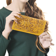 Load image into Gallery viewer, Western Hand Tooled Leather Wallet, Yellow Leather Wallet, Genuine Leather Clutch, Western Purse, Luxury Wallet, Hand Painted Leather Wallet
