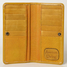 Load image into Gallery viewer, Western Hand Tooled Leather Wallet, Yellow Leather Wallet, Genuine Leather Clutch, Western Purse, Luxury Wallet, Hand Painted Leather Wallet

