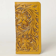Load image into Gallery viewer, Western Hand Tooled Leather Wallet, Yellow Leather Wallet, Genuine Leather Clutch, Western Purse, Luxury Wallet, Hand Painted Leather Wallet
