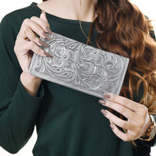 Load image into Gallery viewer, Western Hand Tooled Leather Wallet, Silver Leather Wallet, Genuine Leather Clutch, Western Purse, Luxury Wallet, Hand Painted Leather Wallet
