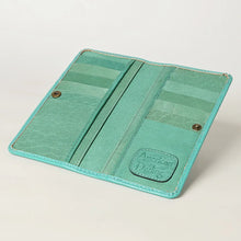 Load image into Gallery viewer, Western Hand Tooled Leather Wallet, Green Leather Wallet, Genuine Leather Clutch, Western Purse, Luxury Wallet, Hand Painted Leather Wallet
