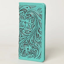 Load image into Gallery viewer, Western Hand Tooled Leather Wallet, Green Leather Wallet, Genuine Leather Clutch, Western Purse, Luxury Wallet, Hand Painted Leather Wallet
