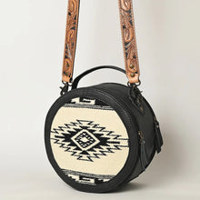 Load image into Gallery viewer, Western Hand Tooled Leather Canteen Purse, Cowhide Leather Round Purse, Saddle Blanket Canteen, Genuine Western Leather Crossbody Purse
