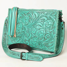 Load image into Gallery viewer, Western Hand Tooled Leather Purse, Western Leather Tote Bag, Green Leather Purse, Western Crossbody Purse, Leather Shoulder Bag, Laptop Bag
