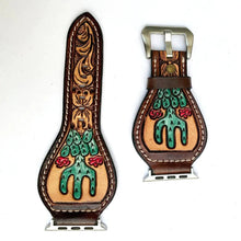 Load image into Gallery viewer, Hand Tooled Leather Apple Watch Band, Apple Watch Band Women, 45mm Apple Watch Band, Leather Apple Watch Strap, Leather Floral Apple Band
