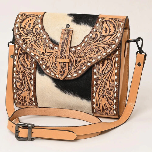 Western Leather Purse, Western Tote Bag, Hand Tooled Leather Crossbody Purse, Genuine Hair On Cowhide Shoulder Bag, Leather Purse