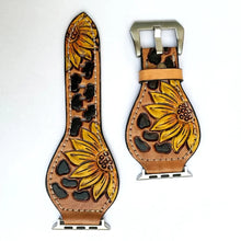 Load image into Gallery viewer, Hand Tooled Leather Apple Watch Band, Apple Watch Band Women, 45mm Apple Watch Band, Leather Apple Watch Strap, Leather Floral Apple Band
