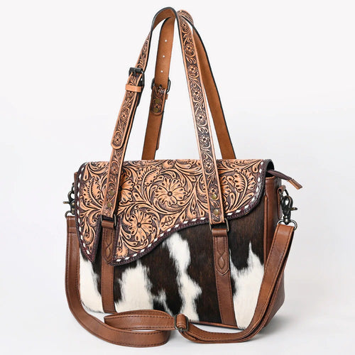 Western Purse, Western Tote Bag, Hand Tooled Leather Crossbody Purse, Leather Briefcase, Laptop Bag, Hair On Cowhide Shoulder Bag