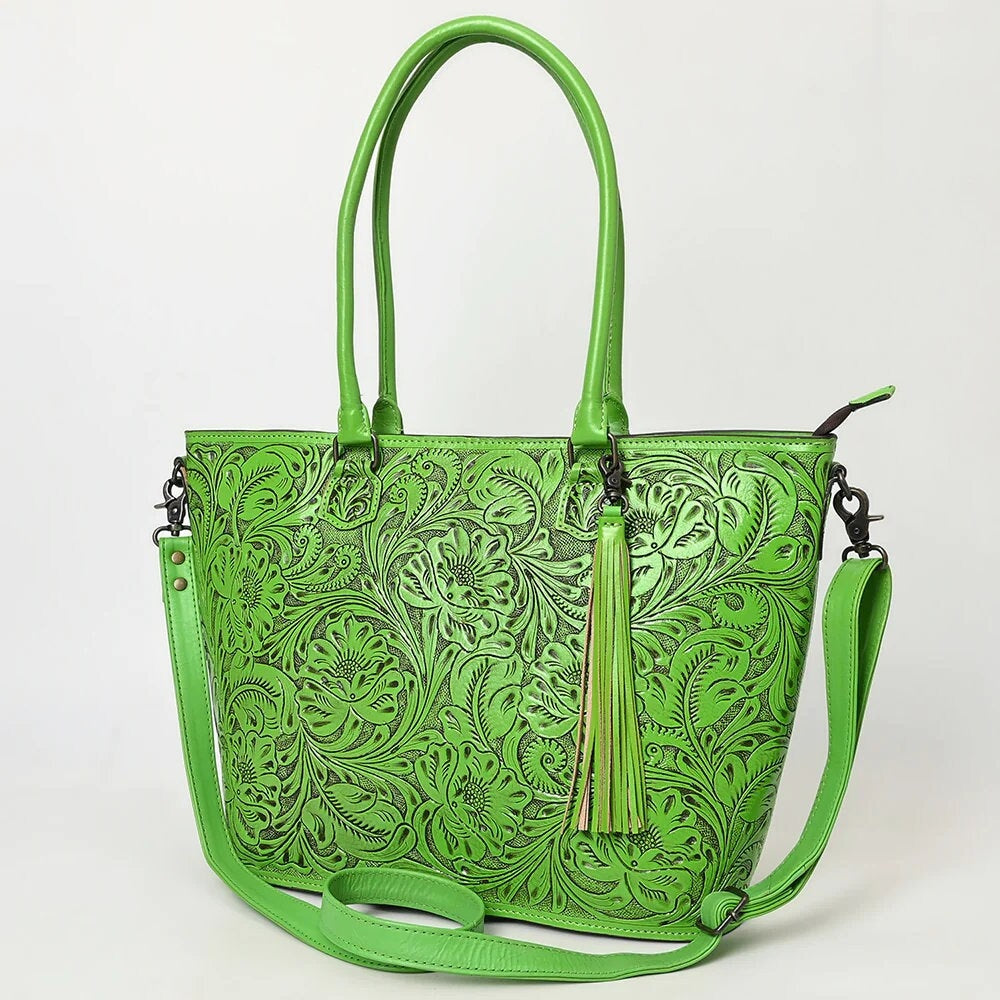 Hand Tooled Leather Purse, Conceal Carry Purse, Western Tote Bag, Genuine Cowhide Western Crossbody Purse, Green Leather Shoulder Bag